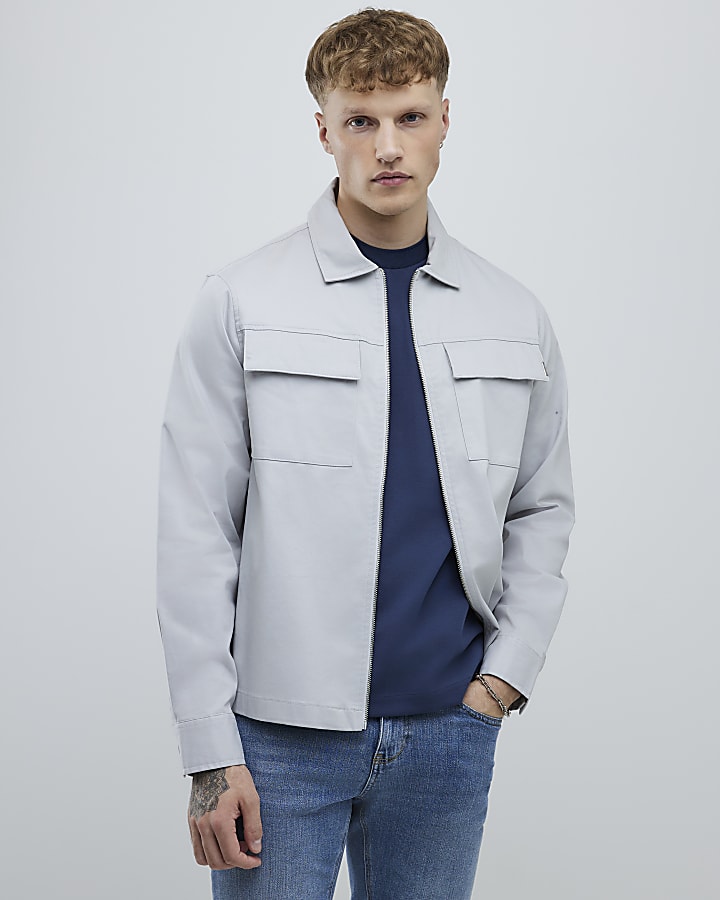 Grey Regular Fit Zipper Overshirt