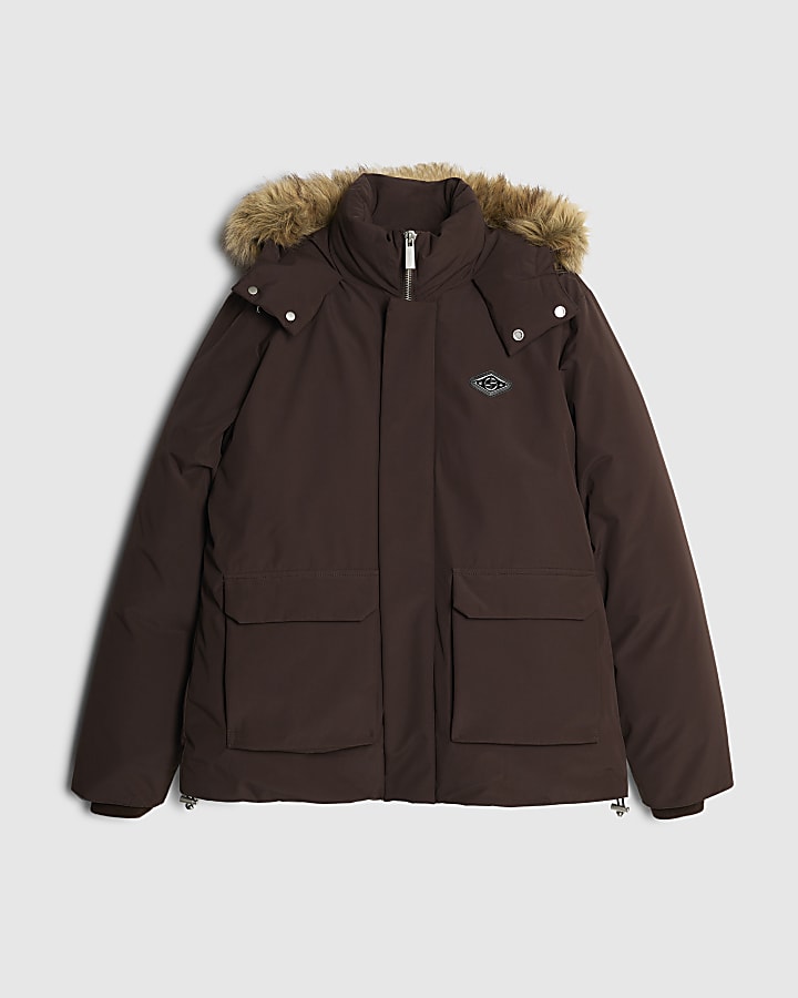 Brown Premium Faux Fur Trim Puffer Coat