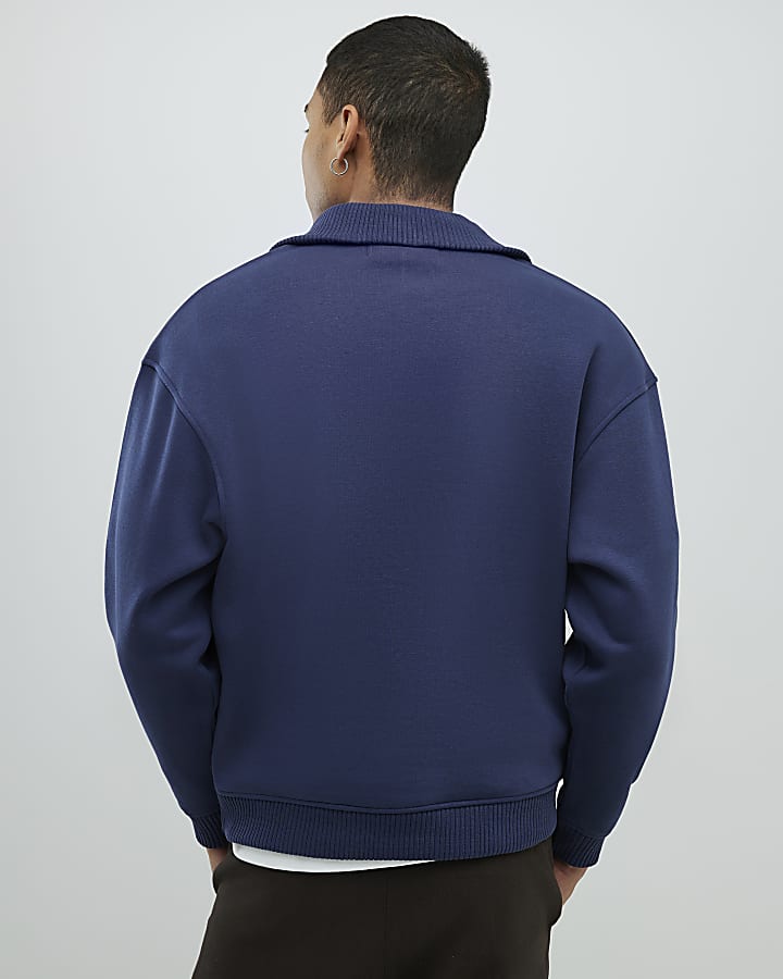 Navy Regular Fit Zip Rib Funnel Sweatshirt