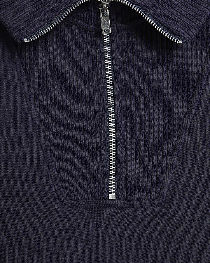 Navy Regular Fit Zip Rib Funnel Sweatshirt