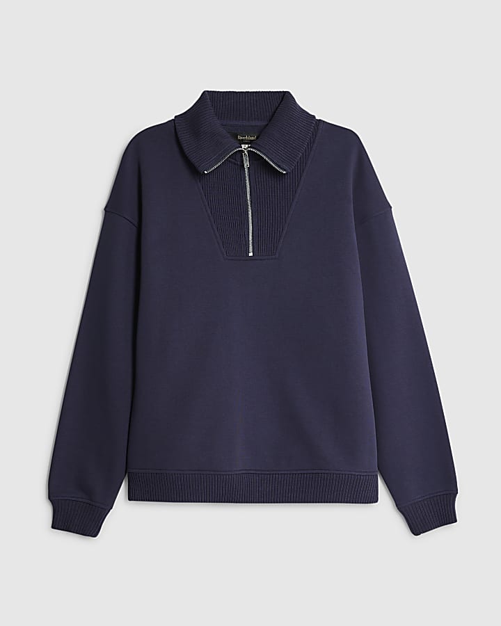 Navy Regular Fit Zip Rib Funnel Sweatshirt