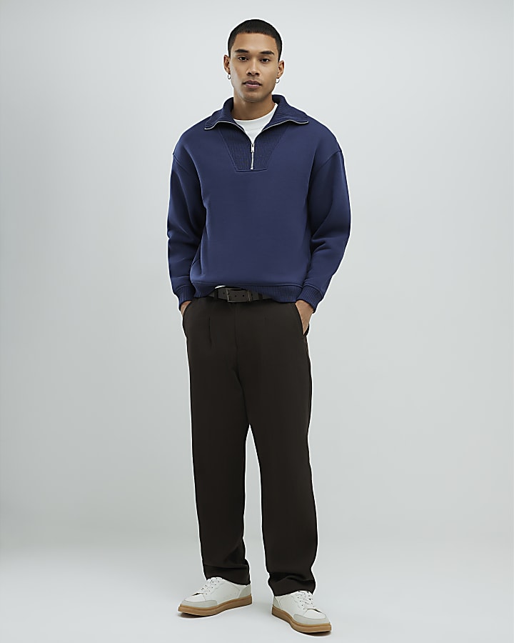Navy Regular Fit Zip Rib Funnel Sweatshirt