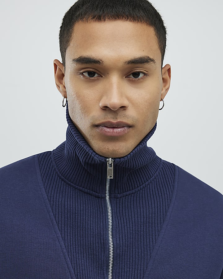 Navy Regular Fit Zip Rib Funnel Sweatshirt