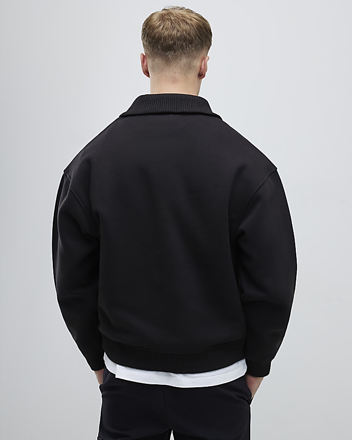 Black Regular Fit Ribbed Sweatshirt