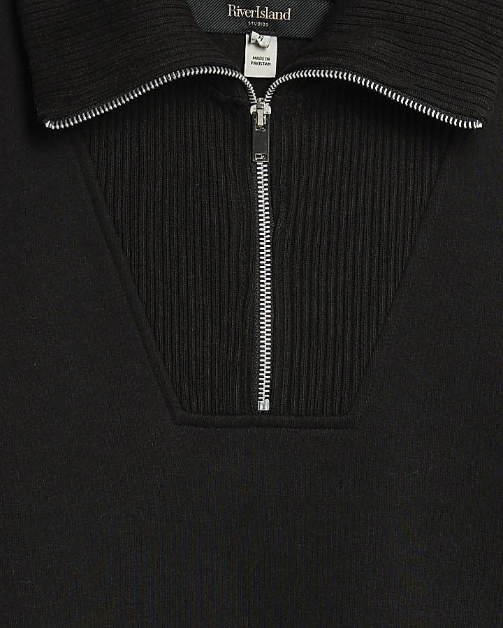 Black Regular Fit Ribbed Sweatshirt