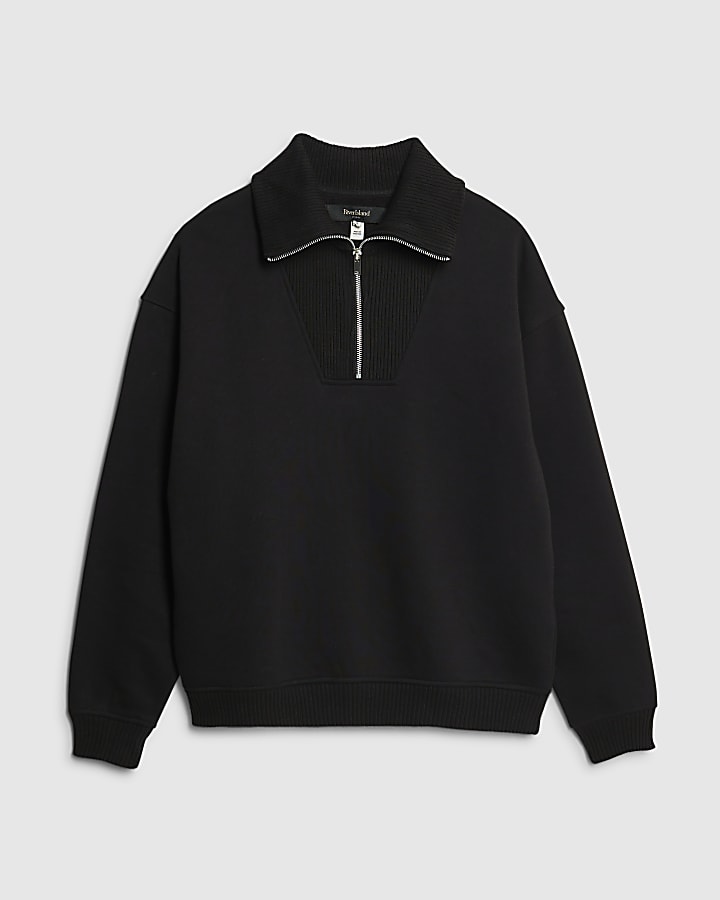 Black Regular Fit Ribbed Sweatshirt