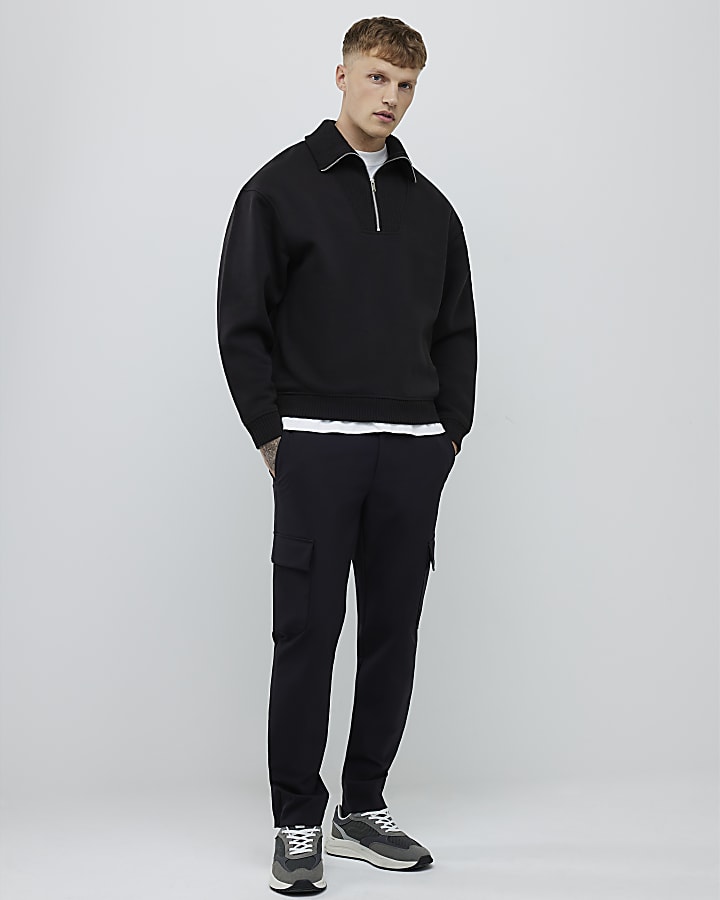 Black Regular Fit Ribbed Sweatshirt