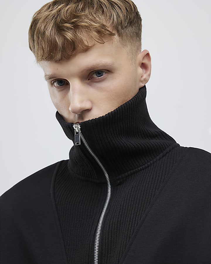 Black Regular Fit Ribbed Sweatshirt
