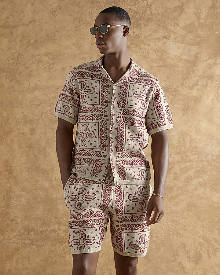 Red Paisley Short Sleeve Revere Shirt