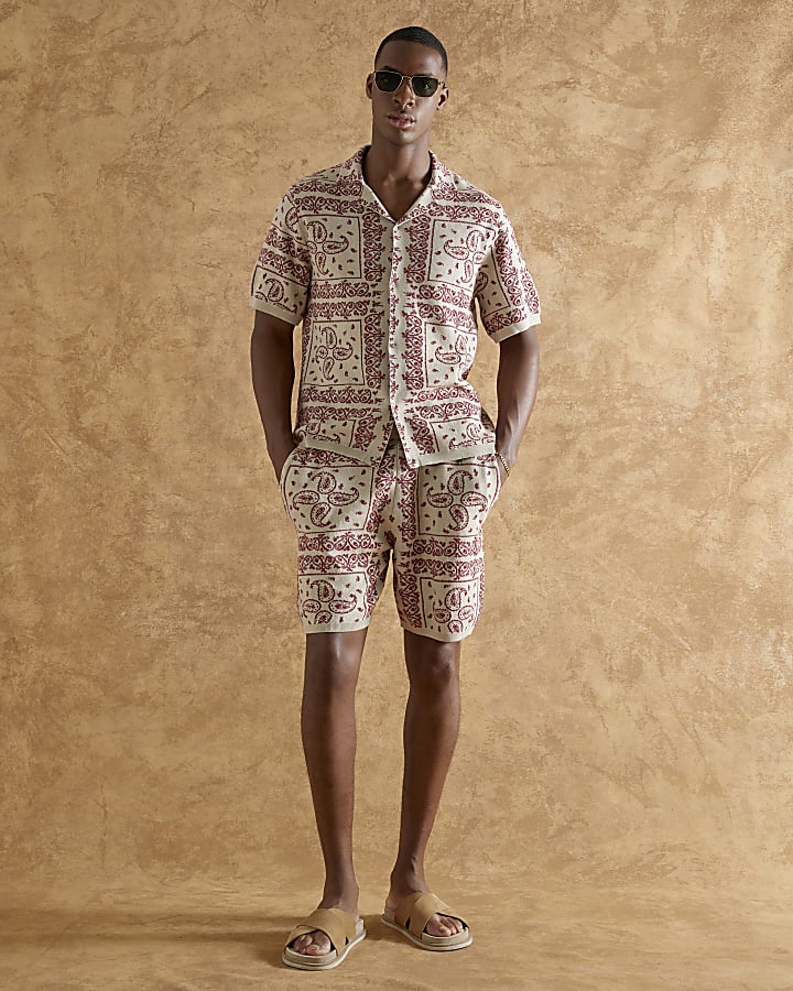 Red Paisley Short Sleeve Revere Shirt
