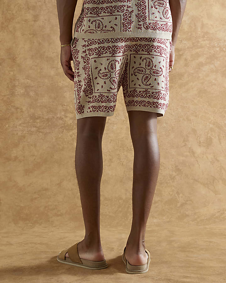 Red Knitted Drawstring Paisley Shorts