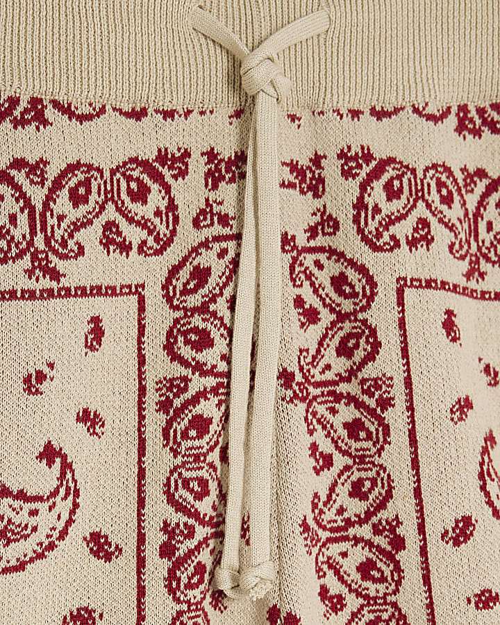 Red Knitted Drawstring Paisley Shorts