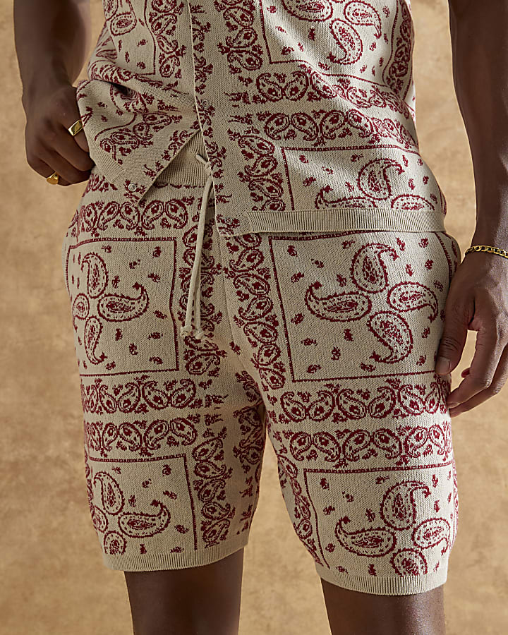 Red Knitted Drawstring Paisley Shorts