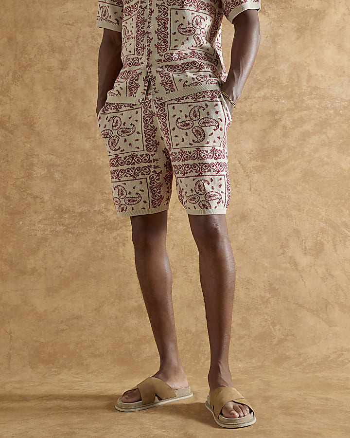 Red Knitted Drawstring Paisley Shorts