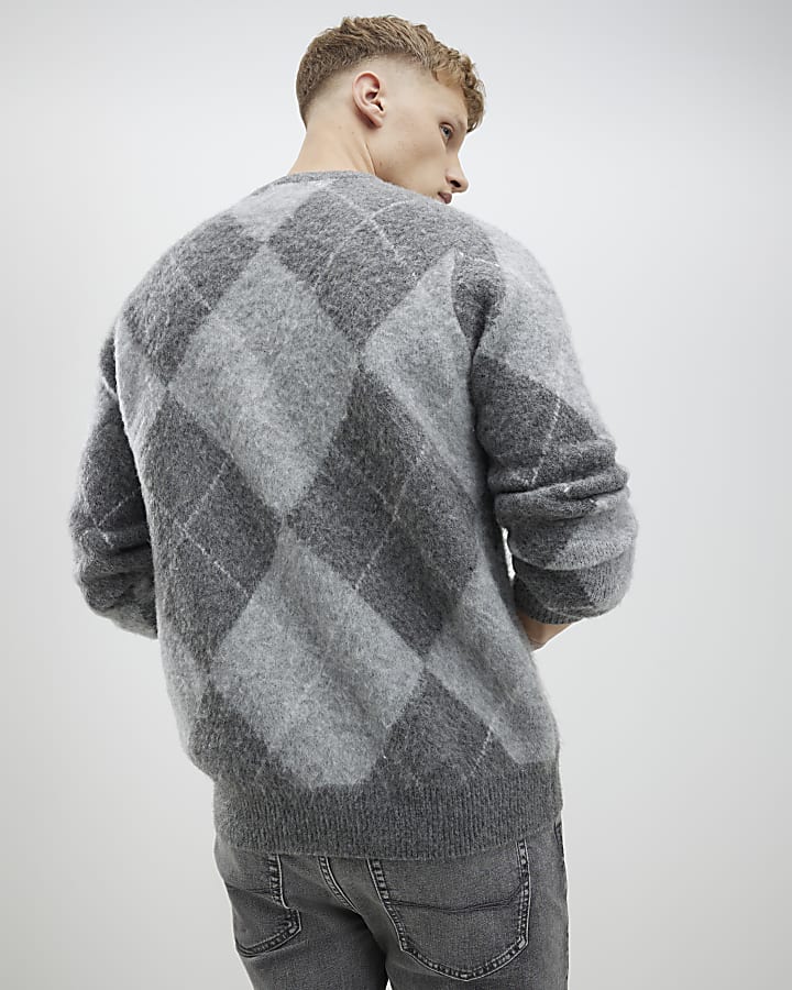 Grey Regular Fit Brushed Argyle Jumper