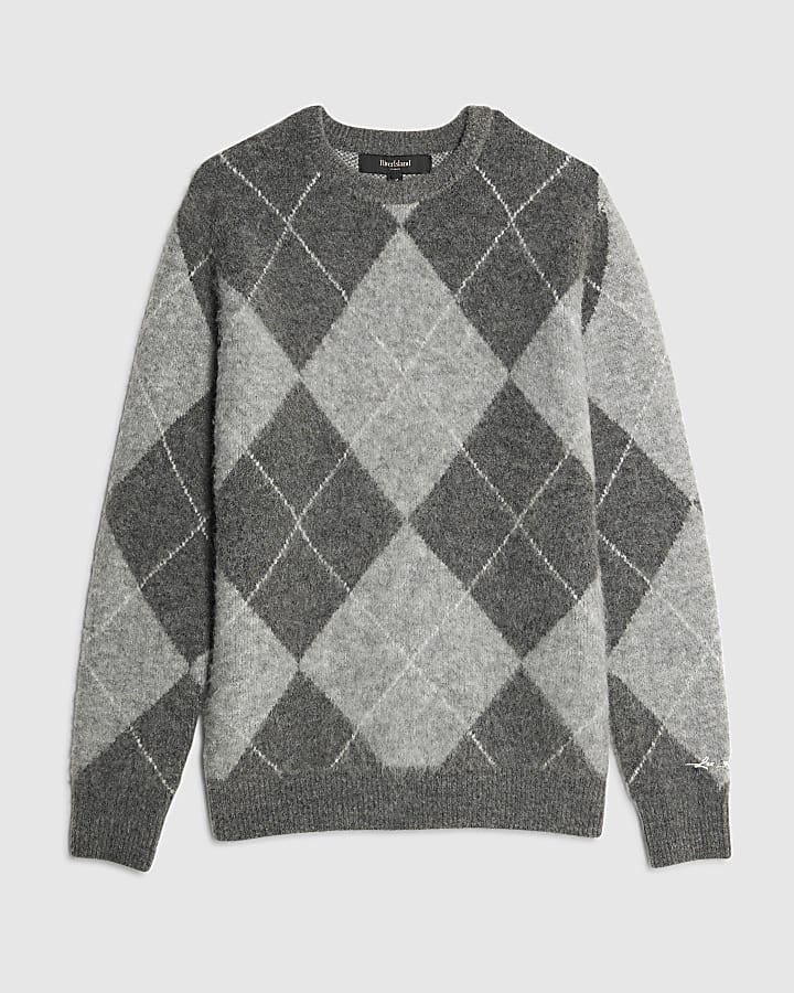 Grey Regular Fit Brushed Argyle Jumper