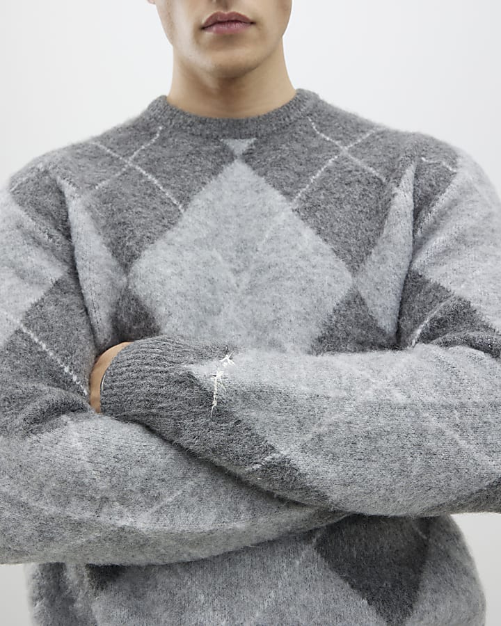 Grey Regular Fit Brushed Argyle Jumper