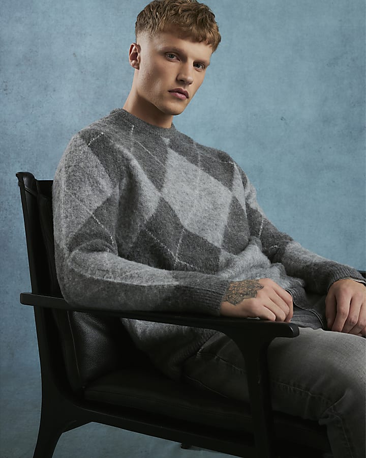Grey Regular Fit Brushed Argyle Jumper