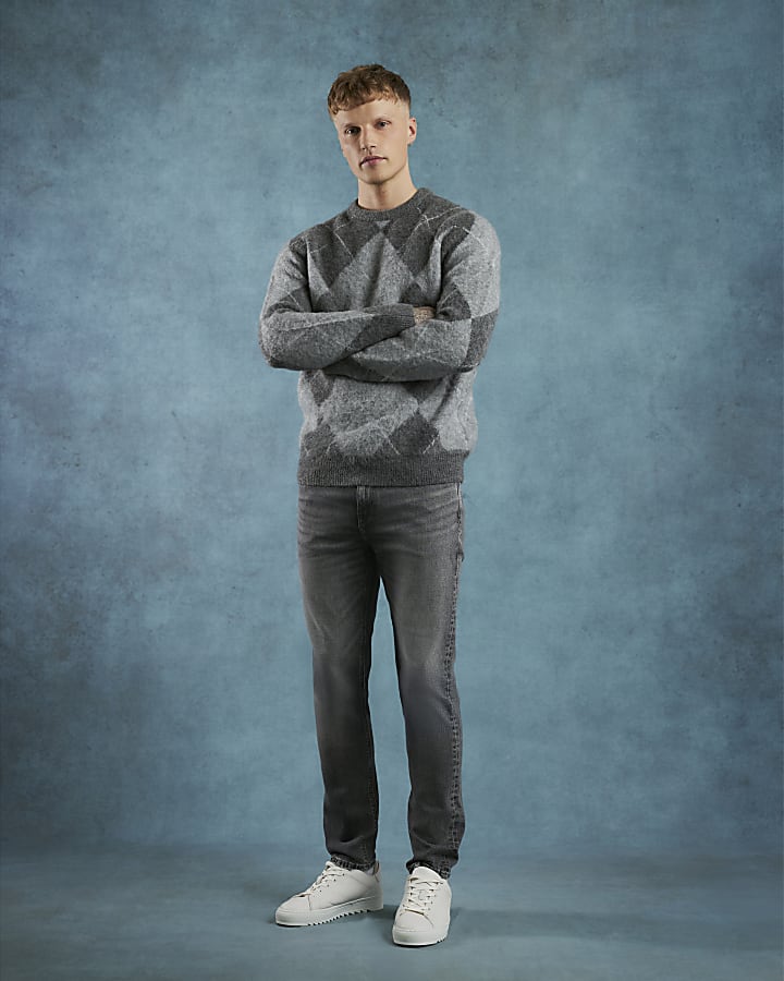 Grey Regular Fit Brushed Argyle Jumper