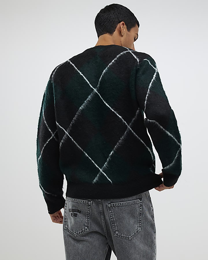 Green Regular Fit Brushed Argyle Jumper