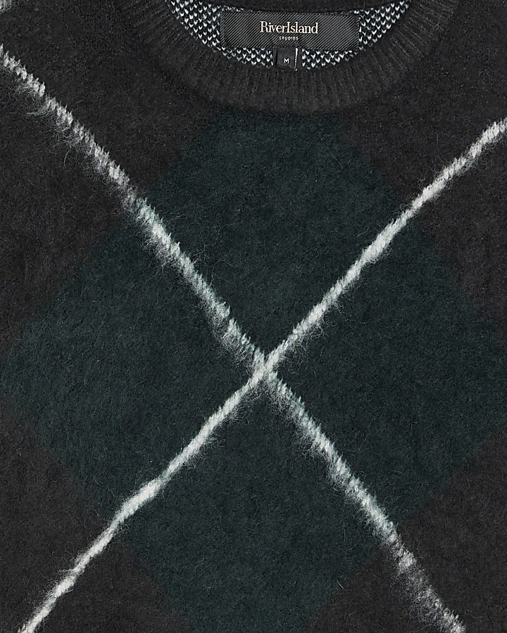 Green Regular Fit Brushed Argyle Jumper