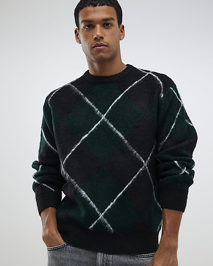 Green Regular Fit Brushed Argyle Jumper