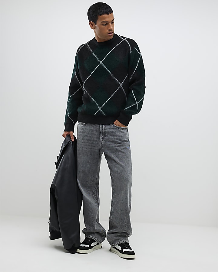 Green Regular Fit Brushed Argyle Jumper