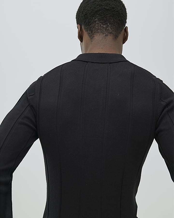 Black Muscle Fit Ribbed Polo Shirt