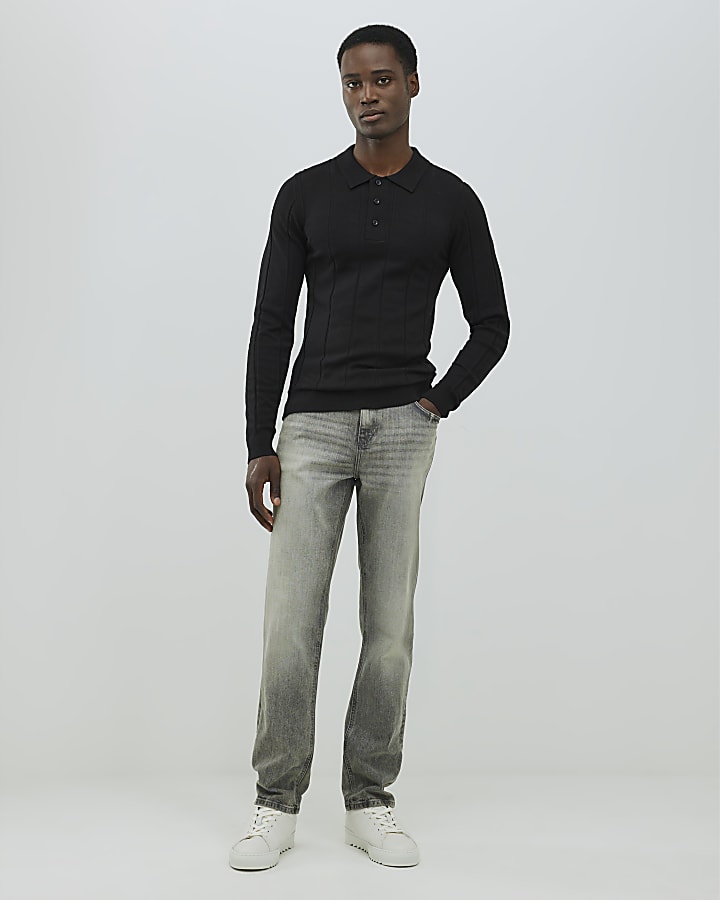 Black Muscle Fit Ribbed Polo Shirt