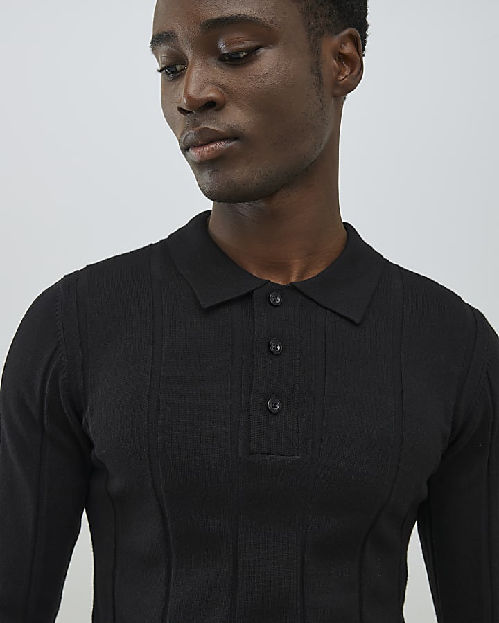 Black Muscle Fit Ribbed Polo Shirt