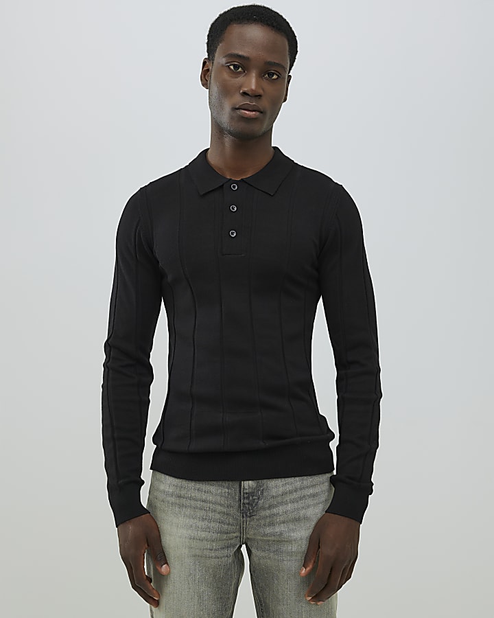 Black Muscle Fit Ribbed Polo Shirt