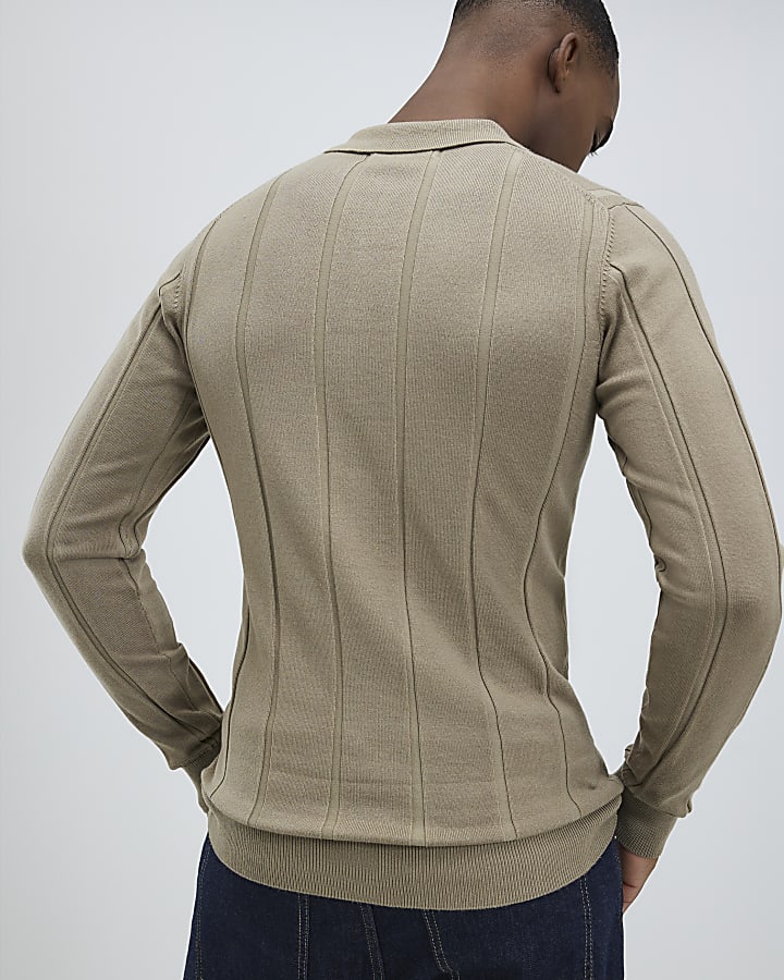 Beige Muscle Fit Ribbed Polo Shirt