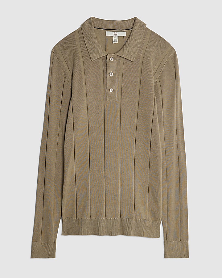 Beige Muscle Fit Ribbed Polo Shirt
