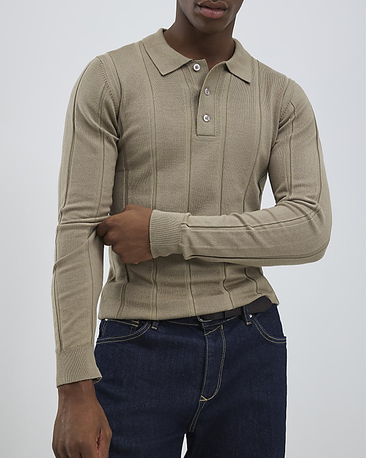 Beige Muscle Fit Ribbed Polo Shirt
