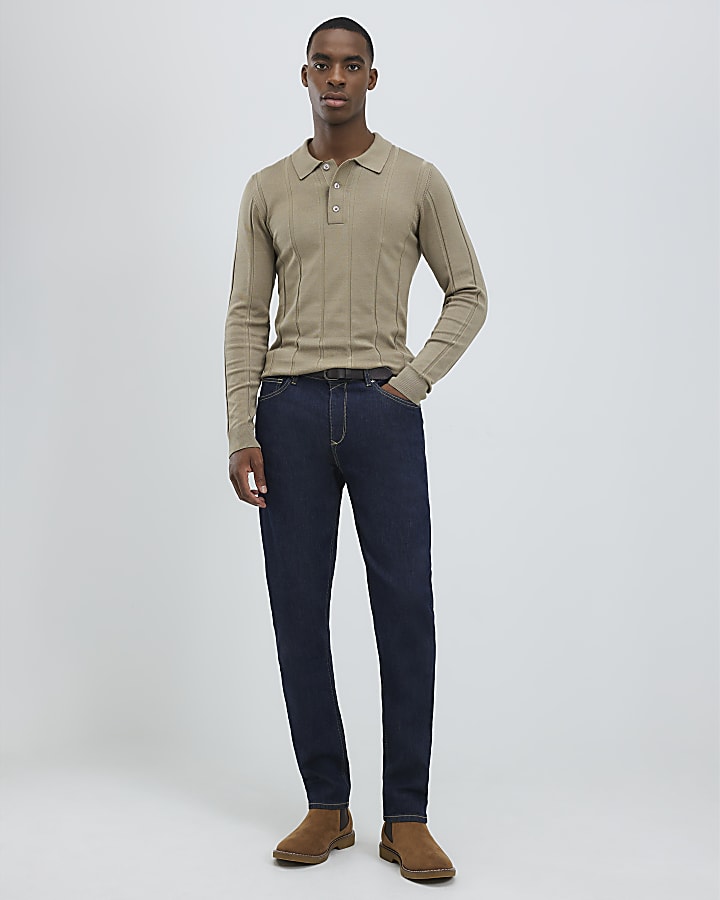 Beige Muscle Fit Ribbed Polo Shirt