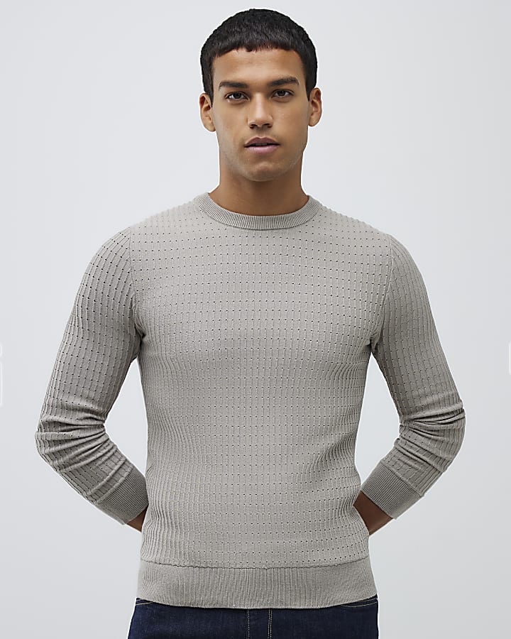 Grey Long Sleeve Muscle Fit Jumper
