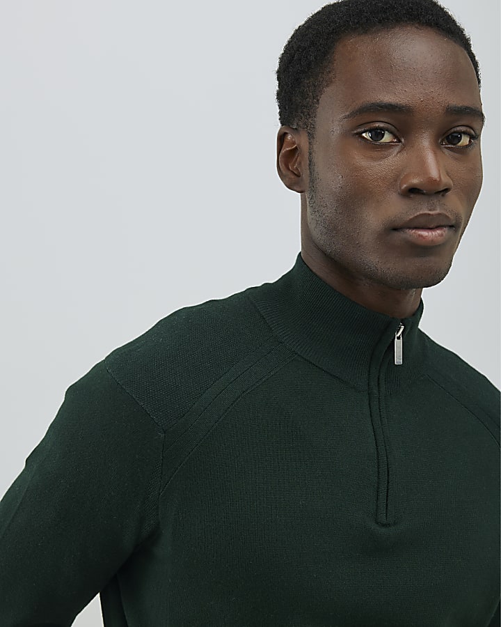 Green Slim Fit Half Zip Jumper
