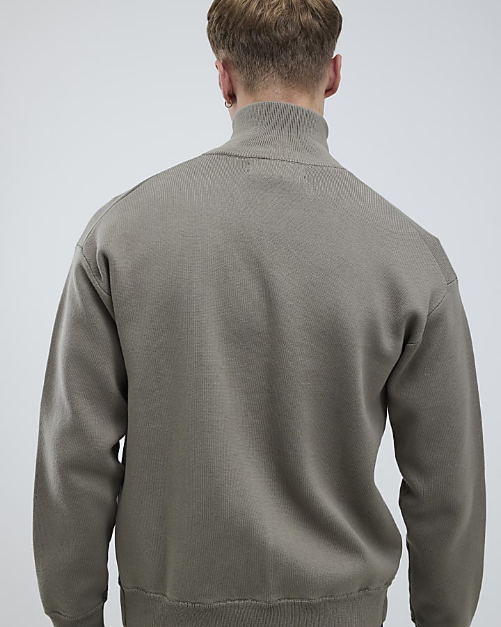 Khaki Slim Fit Zip Through Jumper
