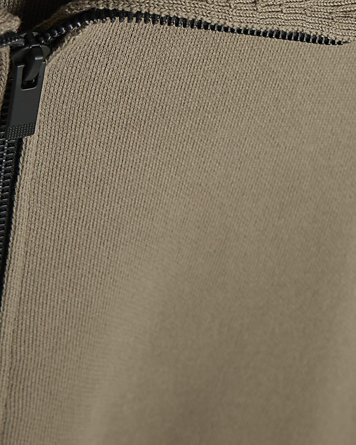 Khaki Slim Fit Zip Through Jumper