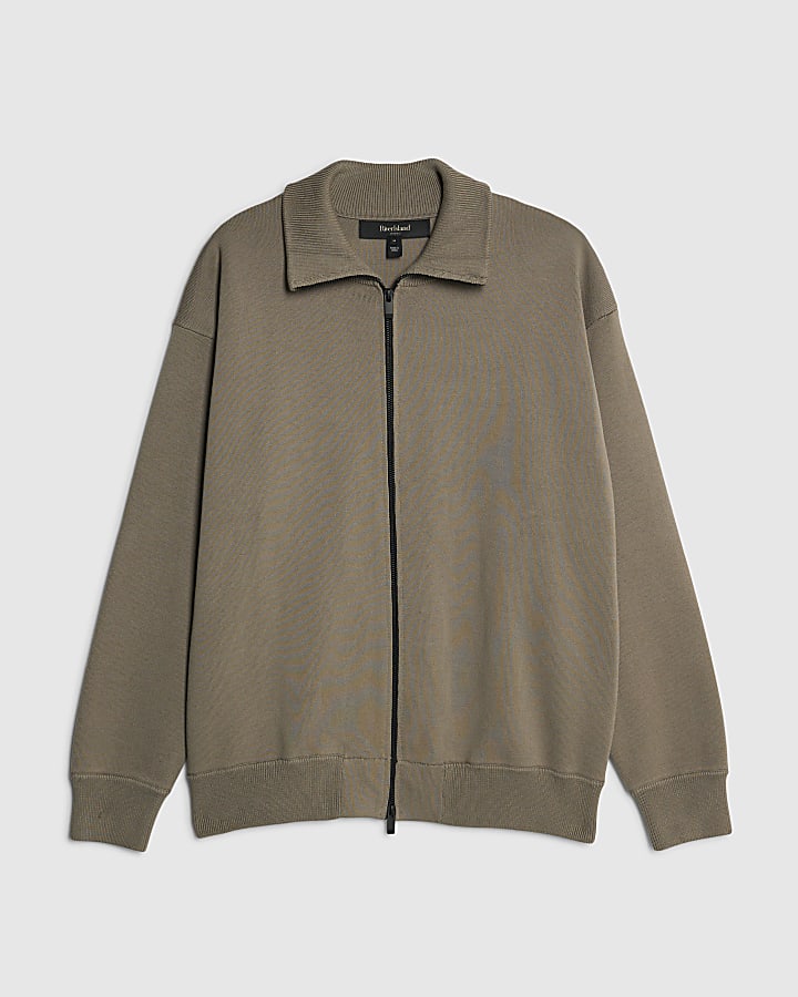 Khaki Slim Fit Zip Through Jumper