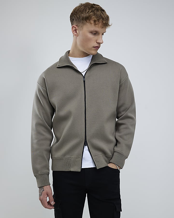 Khaki Slim Fit Zip Through Jumper