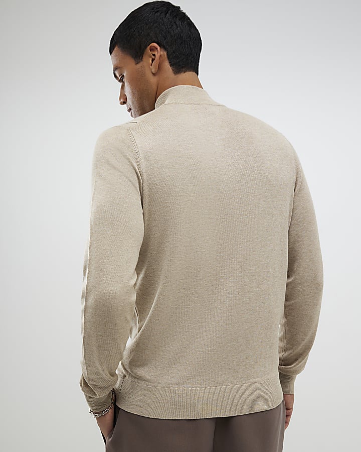 Beige Slim Fit Striped Half Zip Jumper
