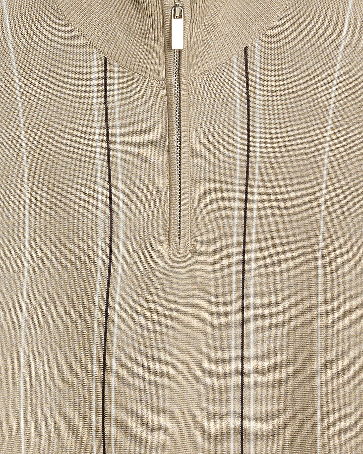 Beige Slim Fit Striped Half Zip Jumper
