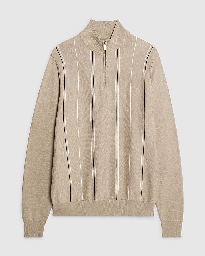 Beige Slim Fit Striped Half Zip Jumper