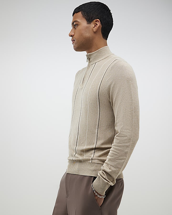 Beige Slim Fit Striped Half Zip Jumper