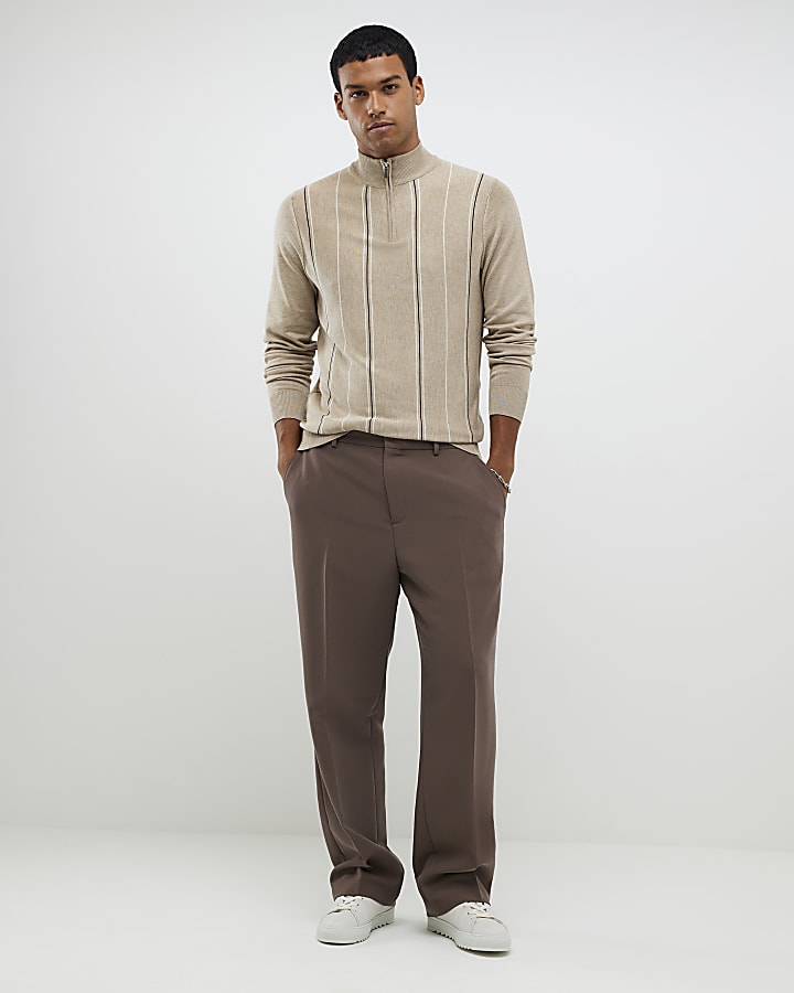 Beige Slim Fit Striped Half Zip Jumper