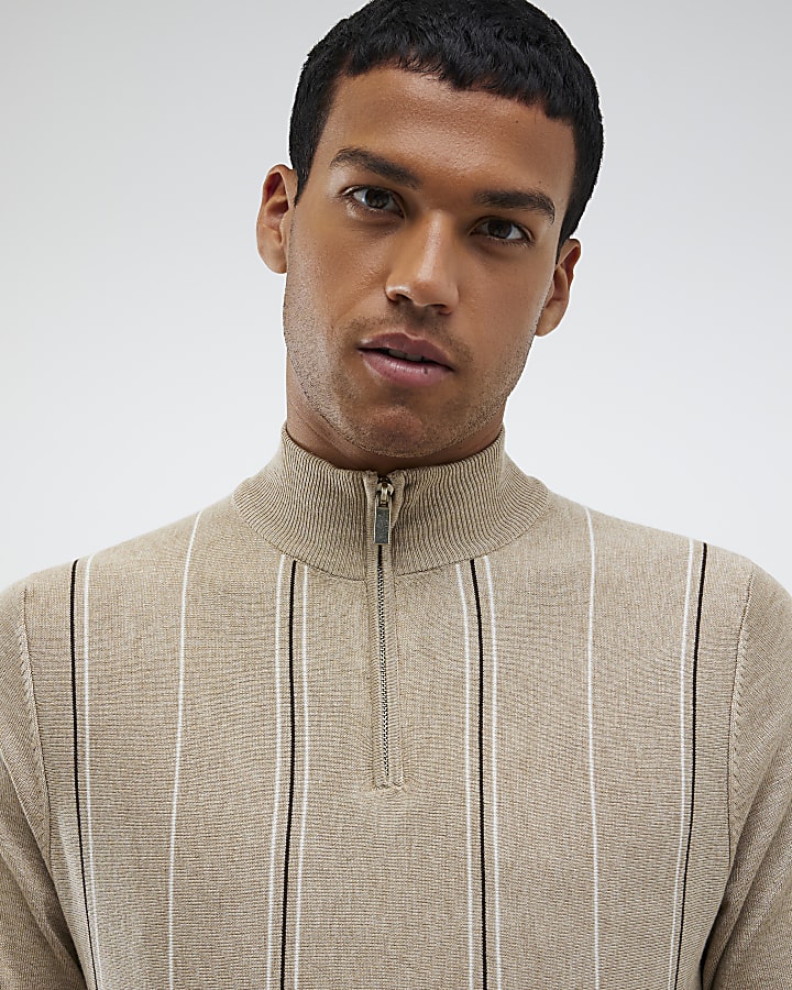 Beige Slim Fit Striped Half Zip Jumper