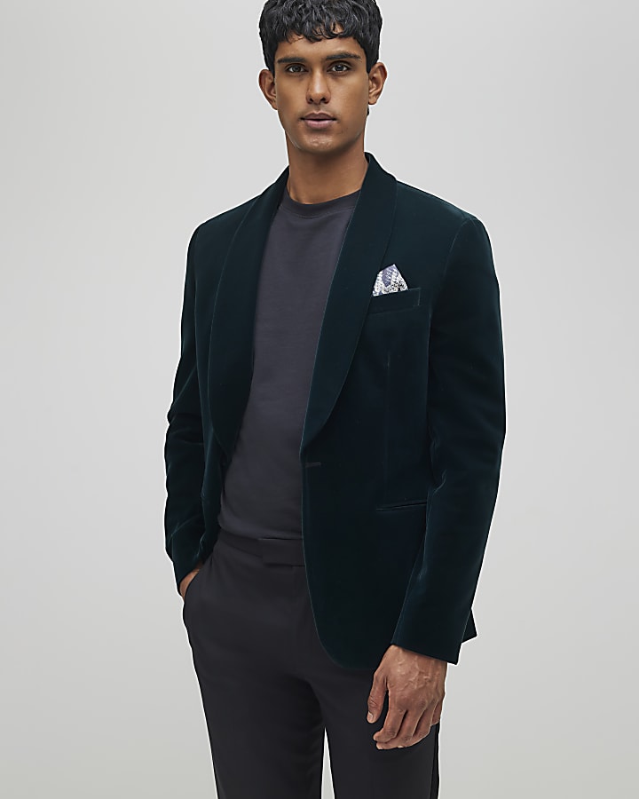 Green Slim Fit Velvet Suit Jacket