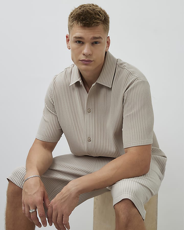 Beige Boxy Fit Chunky Plisse Revere Shirt