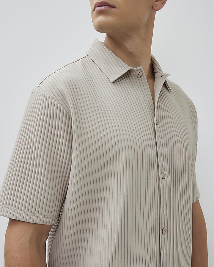 Beige Boxy Fit Chunky Plisse Revere Shirt